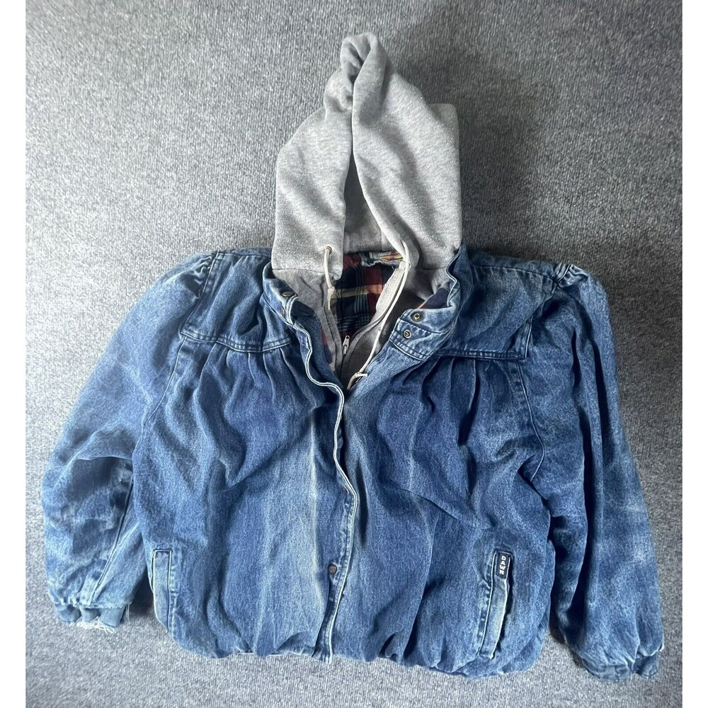 Vintage Dawn Denim Jacket Men’s L 22.5-24.5 Blue Plaid Lined Built In Hoodie 90s